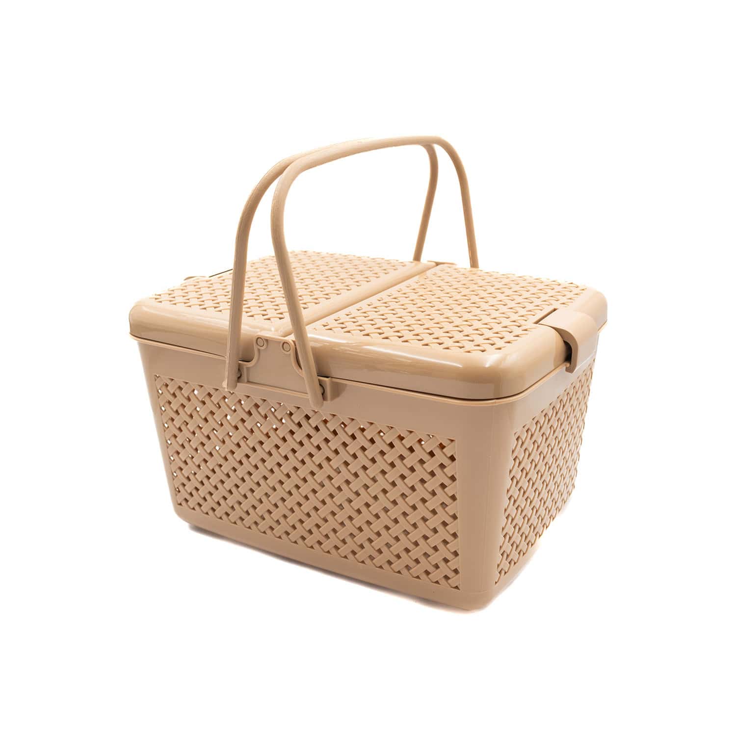 Koszyk na piknik z pokrywką i uchwytami, idealny do przenoszenia jedzenia na wycieczki i pikniki. Wykonany z trwałego tworzywa, zapewnia wygodę i funkcjonalność podczas outdoorowych wypraw.