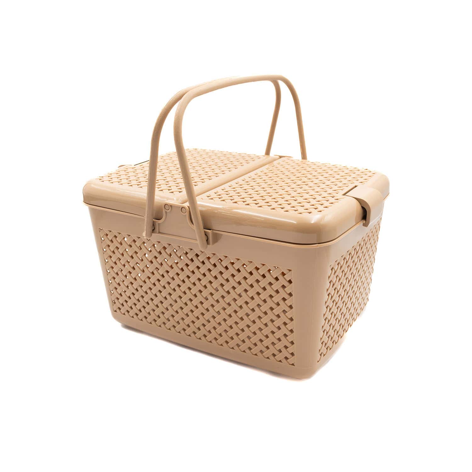 Funkcjonalny koszyk na żywność z pokrywką i uchwytami, idealny do przechowywania produktów spożywczych i artykułów gospodarstwa domowego.